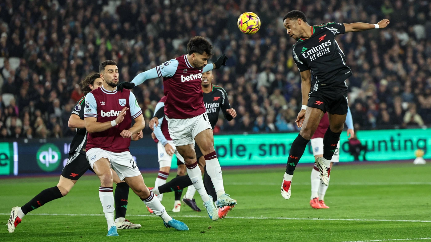 Premier League West Ham United v Arsenal Lucas Paqueta of West Ham United heads the ball clear of his defensive area during the Premier League match West Ham United vs Arsenal at London Stadium, London, United Kingdom, 30th November 2024