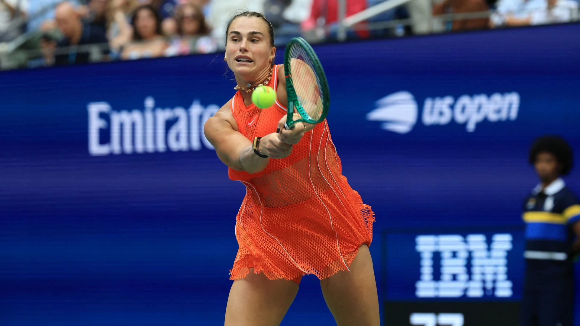 elarus's Aryna Sabalenka hits a return against Kazakhstan's Elena Rybakina during the women's singles final tennis match on day fourteen of the US Open tennis tournament at the USTA Billie Jean King National Tennis Center in New York City on September 12, 2026.
