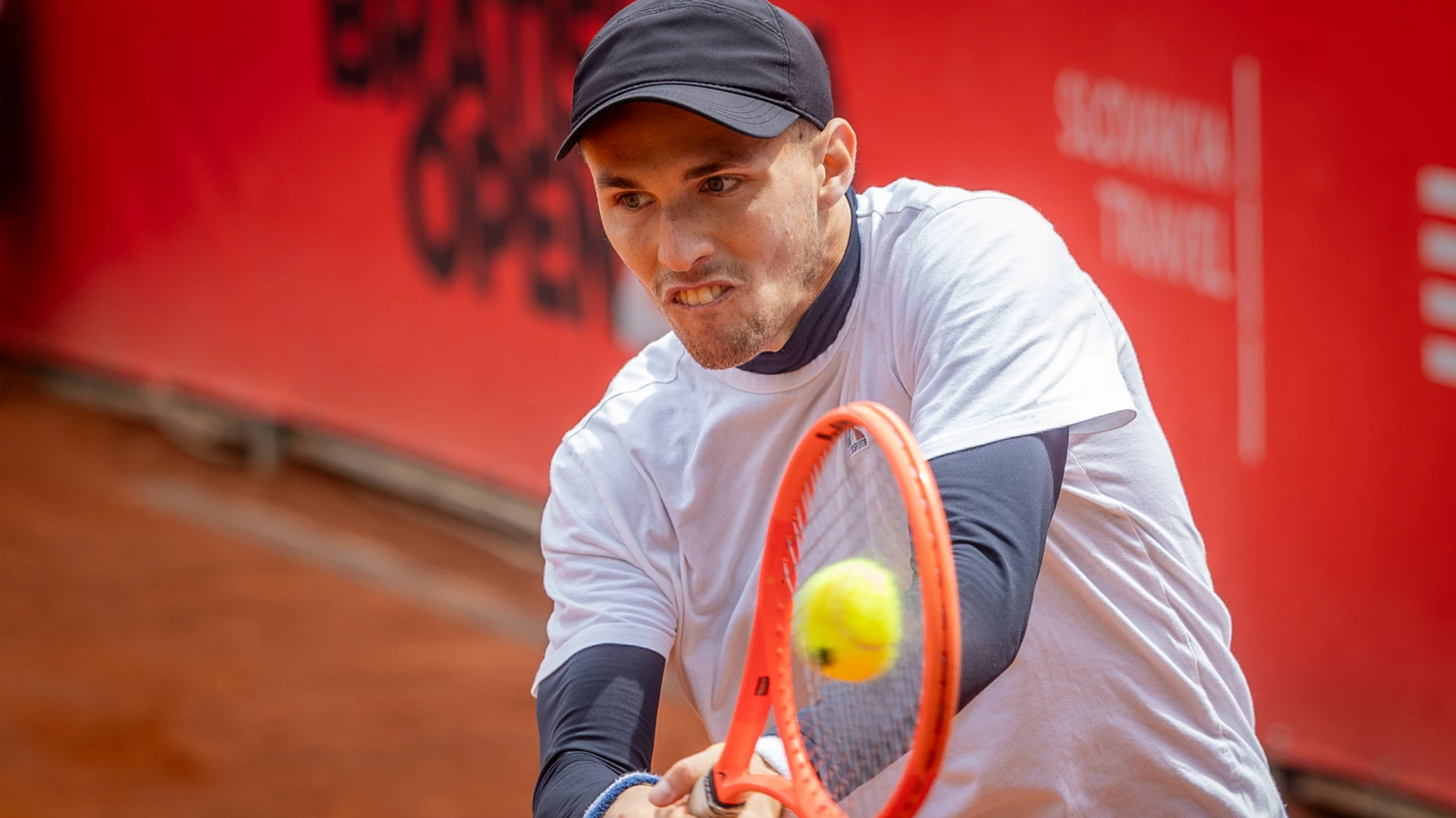 Zsombor Piros Hungary during second round ATP Tennis Challenger tour 100 Bratislava Open match against Joao Lucas Reis Da Silva