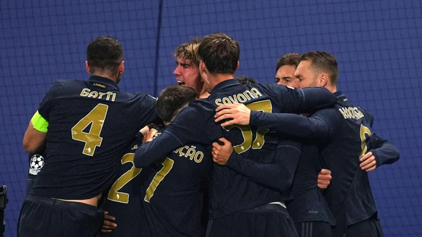 Champions League Group Phase day 2: RB Leipzig vs Juventus October 02 2024: DuAÂan VlahoviÄ of Juventus celebrates the teams first goal during a Champions League Group Phase day 2 game, RB Leipzig vs Juventus,