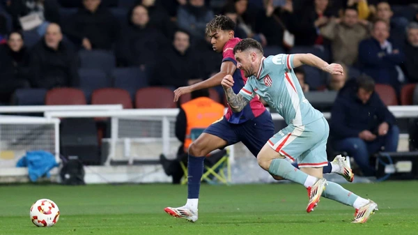 25.02.2025 Lamine Yamal FC Barcelona, Barca and Javi Galan Atletico de Madrid battle for the ball during the Copa del Rey between FC Barcelona and Atletico de Madrid at Estadi Olimpic Lluis Companys on 25 February 2025