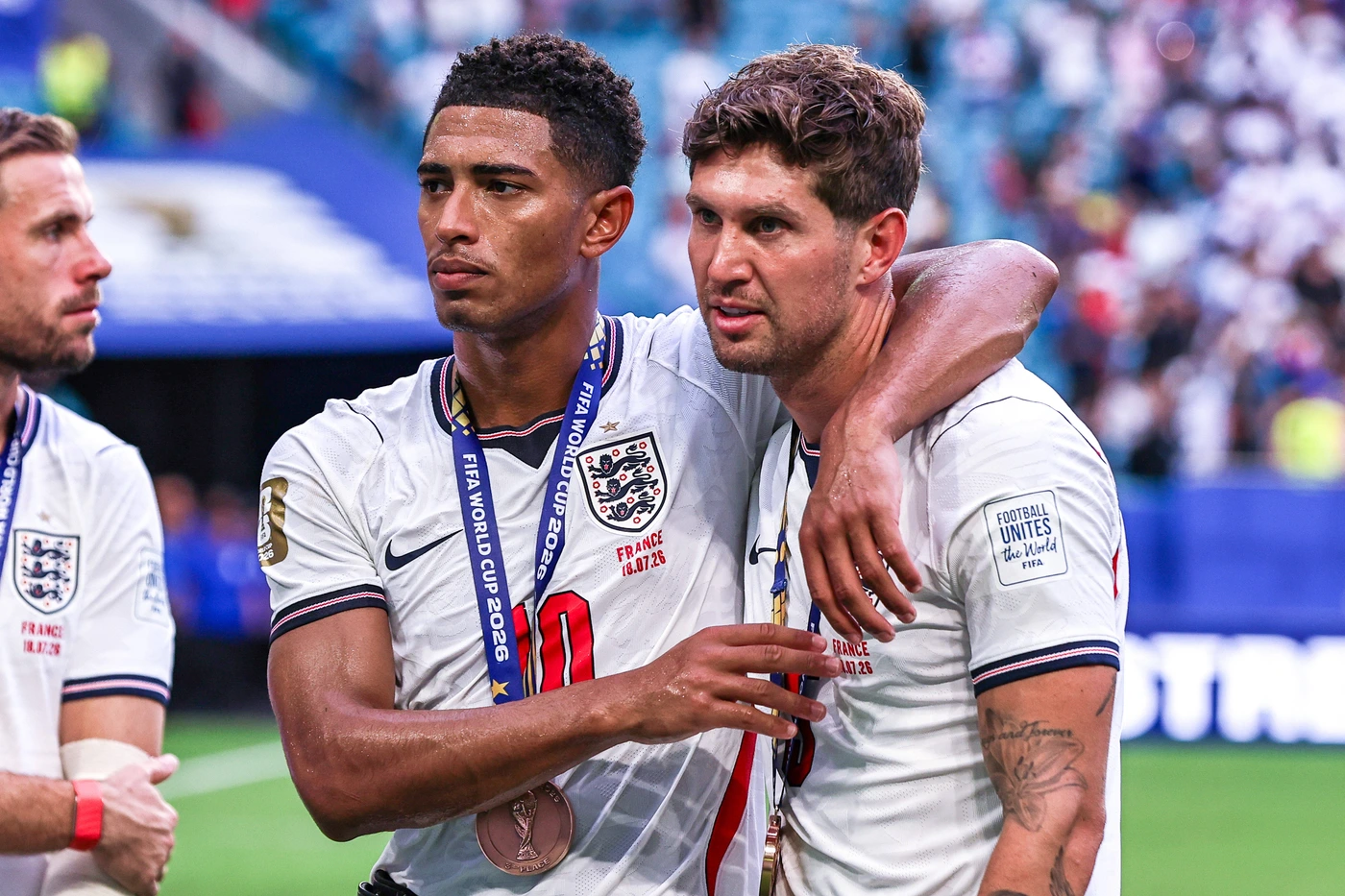MIAMI GARDENS, FL - JULY 18: Jude Bellingham 10 and John Stones 5 of England embrace after the FIFA World Cup, WM, Weltmeisterschaft, Fussball 26 Bronze Final match between France and England on Ju...