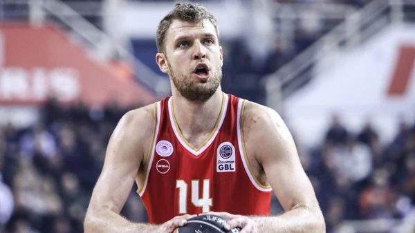 November 17, 2024 Olympiacos player Sasha Vezenkov in action during a Greek Basket League game between PAOK BC and Olympiacos BC