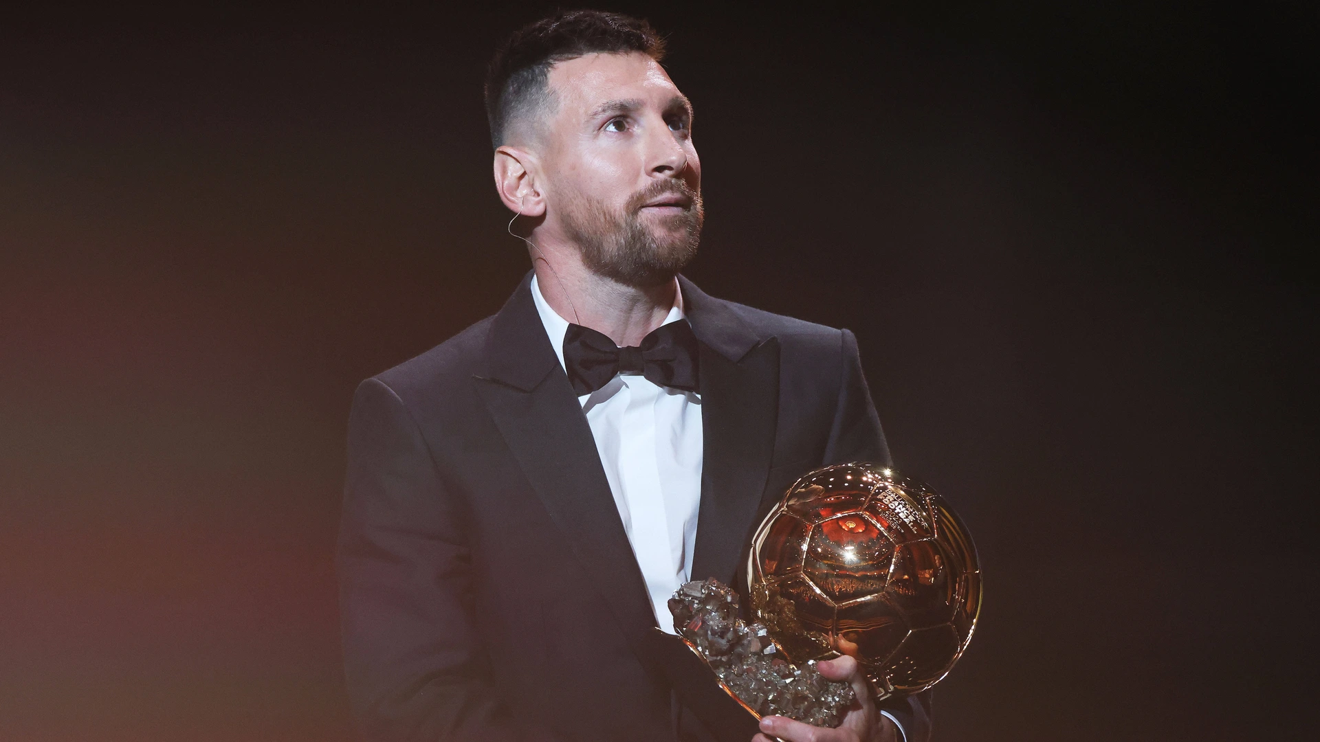 Argentine forward Lionel Messi reacts on stage with his trophy as he receives his 8th Ballon d Or award during the 2023 Ballon d Or France Football award ceremony at the Theatre du Chatelet in Paris, France, Oct. 30, 2023.