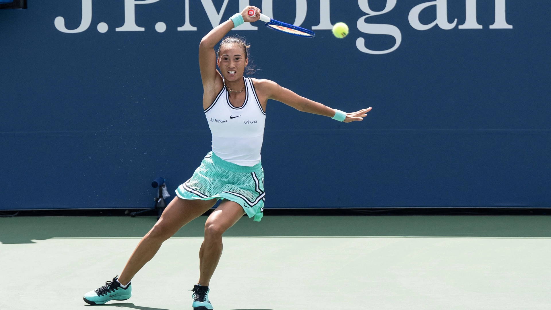 Qinwen Zheng returns ball during a women's qualifying singles match 1st round of the 2026 US Open Championship at USTA Billie Jean King National Tennis Center on August 24, 2026 