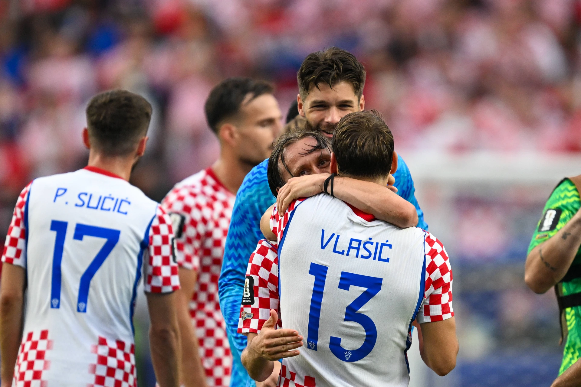 PHILADELPHIA, PA - JUNE 27: Luka Modric 10 of Croatia and Nikola Vlasic 13 of Croatia embrace after the FIFA World Cup, WM, Weltmeisterschaft, Fussball 2026 Group L match between Croatia and Ghana ...