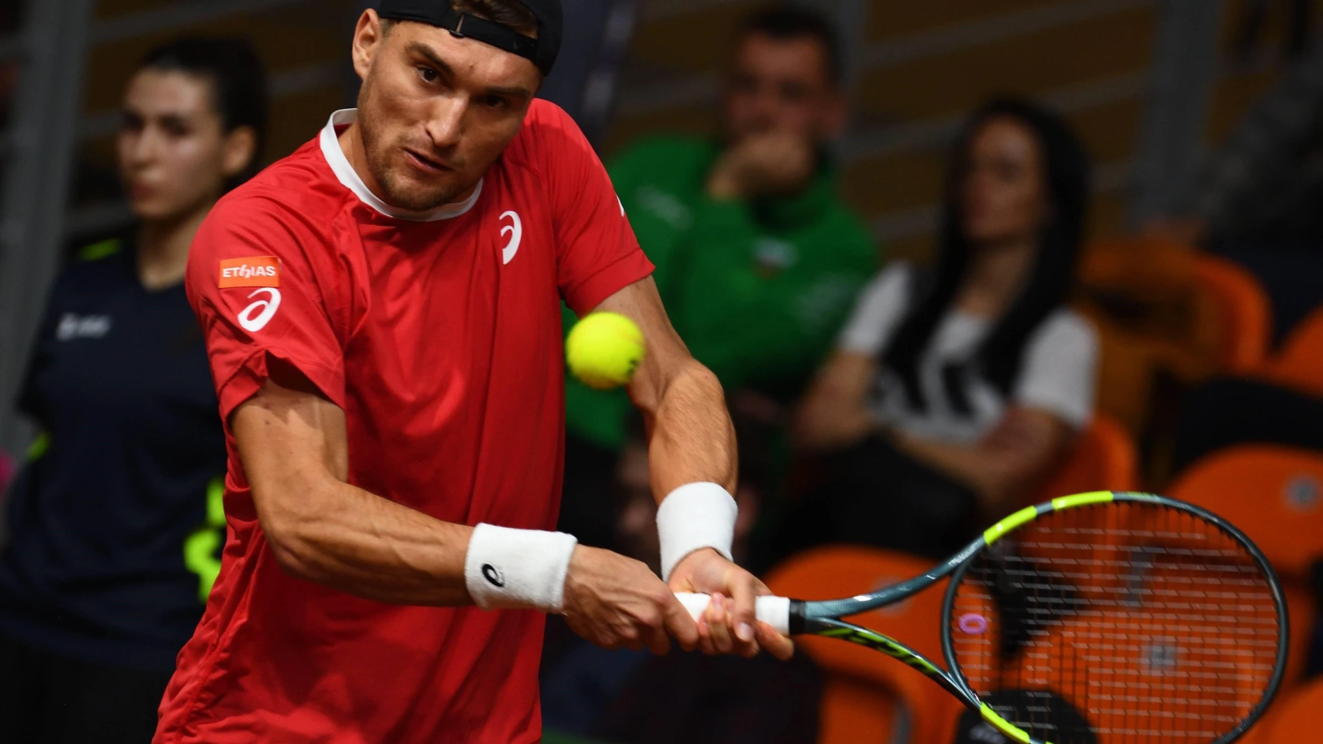 Raphael Collignon of Belgium in action during his match against Alexander Vasilev of Bulgaria for the first round qualifiers of Davis Cup between Bulgaria and Belgium in Plovdiv, Bulgaria on February 07,2026. Plovdiv Bulgaria