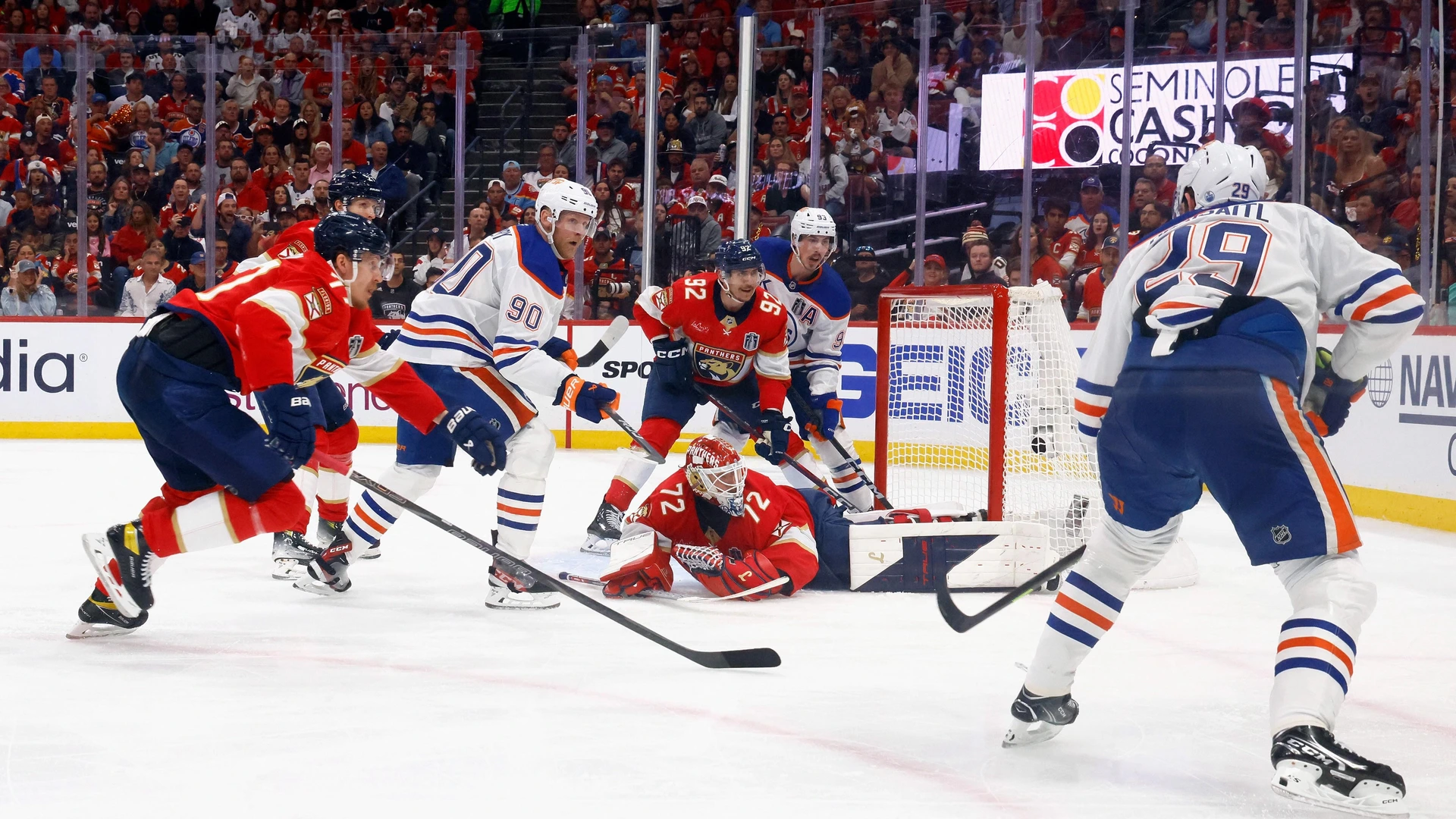 Sergei Bobrovsky #72 of the Florida Panthers makes a third period save against the Edmonton Oilers during Game Four of the 2025 NHL Stanley Cup Final at Amerant Bank Arena on June 12, 2025