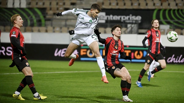Alexander Jeremejeff C of Panathinaikos with Peter Ekroth L and Tarik Ibrahimagic of Vikingur during the UEFA Conference League football match between home team Vikingur from Iceland and Greek Panathinaikos in Helsinki, Finland on 13th Feb., 2025.