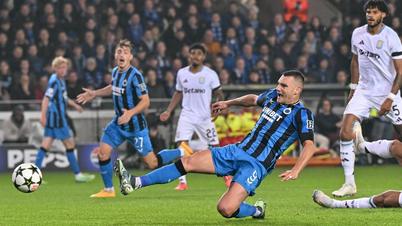 Ferran Jutgla 9 of Club Brugge pictured in action during a soccer game between Belgian Club Brugge KV and English Aston Villa in the UEFA Champions League League Phase day 4 of the 2024-25 season, on Wed