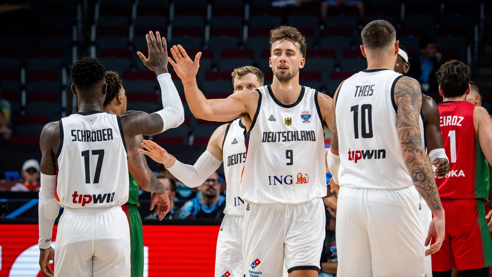 Basketball Riga 06 09 2025 DBB International match Men Men EuroBasket 2025 Round of 16 Germany GER Portugal POR Franz Wagner Germany, No 09 Dennis Schröder Schroeder Germany, No 17 Schröder Schroder Cheering