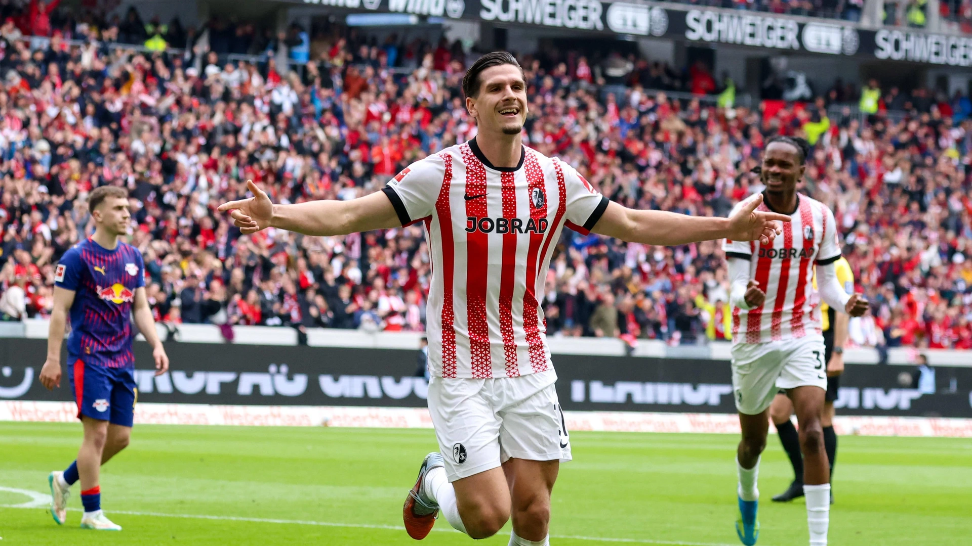 Freiburg, Germany 16 May 2026 1 BL 2025 2026 Sp 34 SC Freiburg v RB Leipzig In picture goal scorer Igor Matanovic SCF cheers after his goal to 2 0
