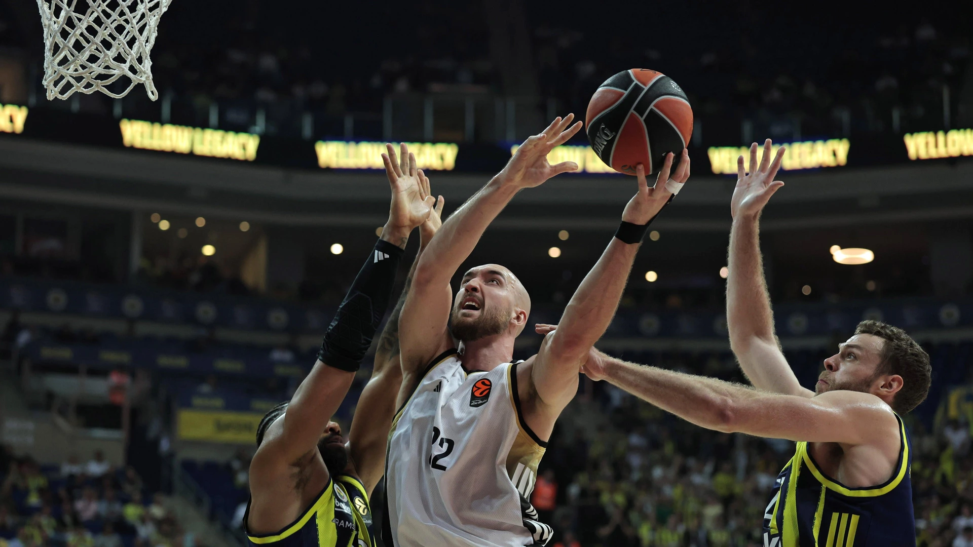 Khem Birch 92 , Nicolo Melli R of Fenerbahce Beko and Basytien Vautier C of Asvel Lyon in action during the EuroLeague Regular Season match between Fenerbahce Beko Istanbul and Asvel Lyon at Ulker Sports Arena on November 06, 2025