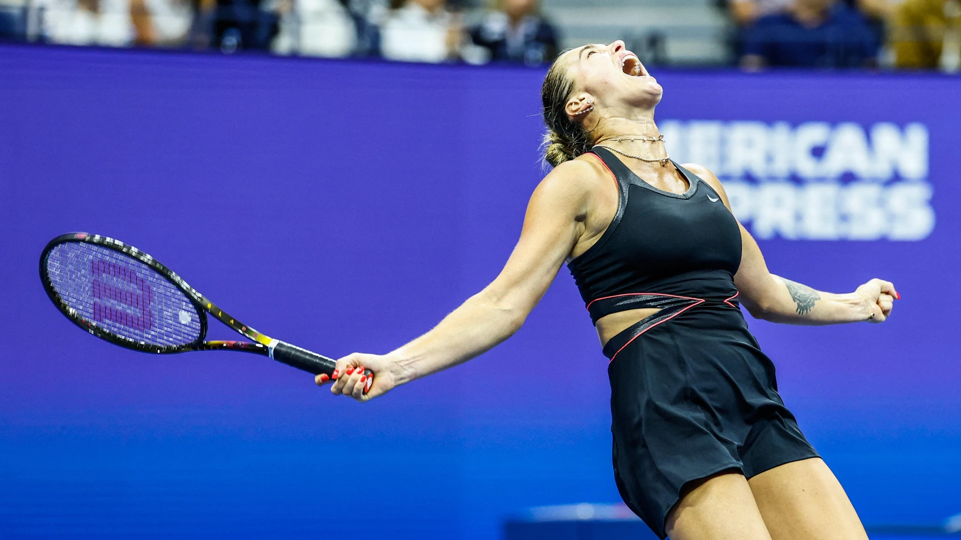 Belarus's Aryna Sabalenka celebrates defeating USA's Jessica Pegula in their women's singles semifinal tennis match on day twelve of the US Open tennis tournament on September 4, 2025.