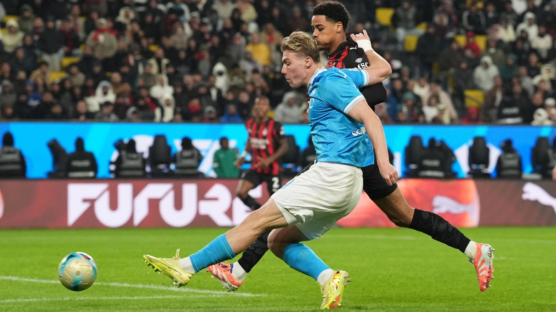Napolis Rasmus Hojlund scores a second goal for his team 2-0 during the EA Sports FC italian Supercup 2025 semifinal match between Napoli and AC Milan at Al-Awwal Park Stadium in Riyadh, Saudi Arabia