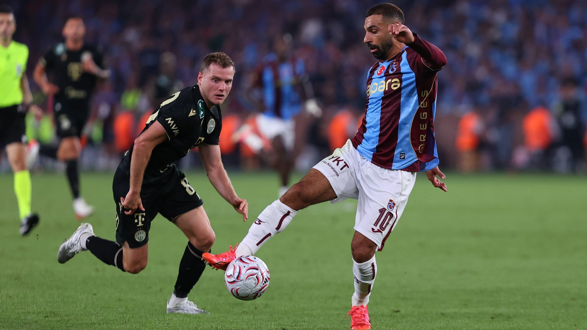 Mohamed Salah 10 of Trabzonspor in action during the first leg of the UEFA Europa League play-off round between Trabzonspor and Ferencvaros at Papara Park in Trabzon, Turkiye on August 20, 2026.