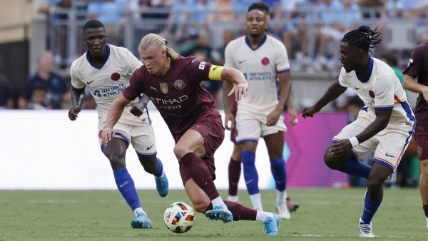 Manchester City forward Erling Haaland (9) controls the ball ahead of Chelsea midfielder Romeo Lavia (45) and midfielder Moises Caicedo (25) during the preseason friendly on August 3, 2024 at Ohio Stadium in Columbus, Ohio.