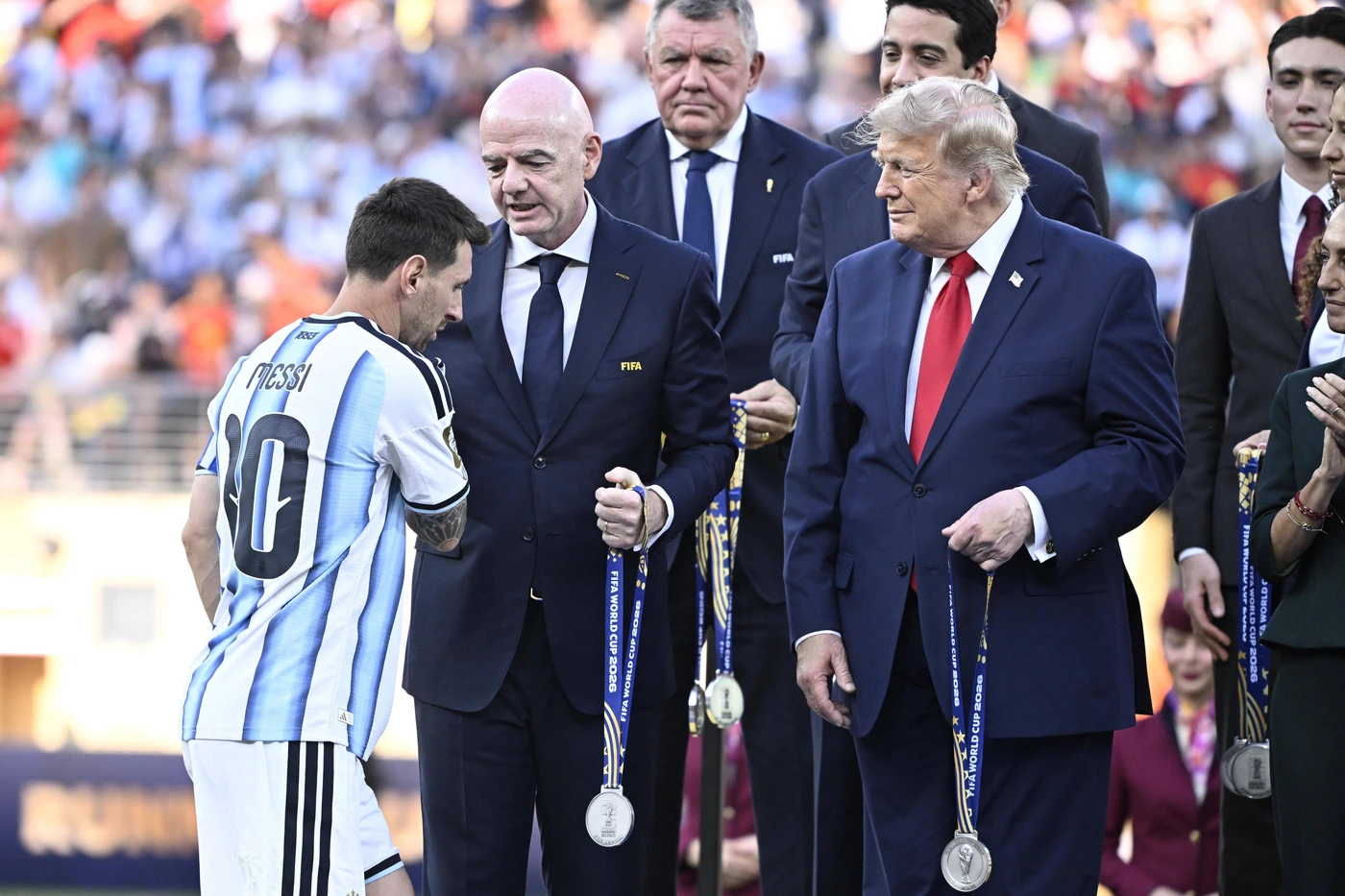 messi (lionel) infantino (gianni) trump (donald) FOOT COUPE DU MONDE 2026 2026 ESPAGNE-ARGENTINE (1-0 AP) METLIFE STADIUM NEW YORK ETATS UNIS 19 07 2026 MANTEY STEPHANE NEW YORK METLIFE STADIUM Ger...