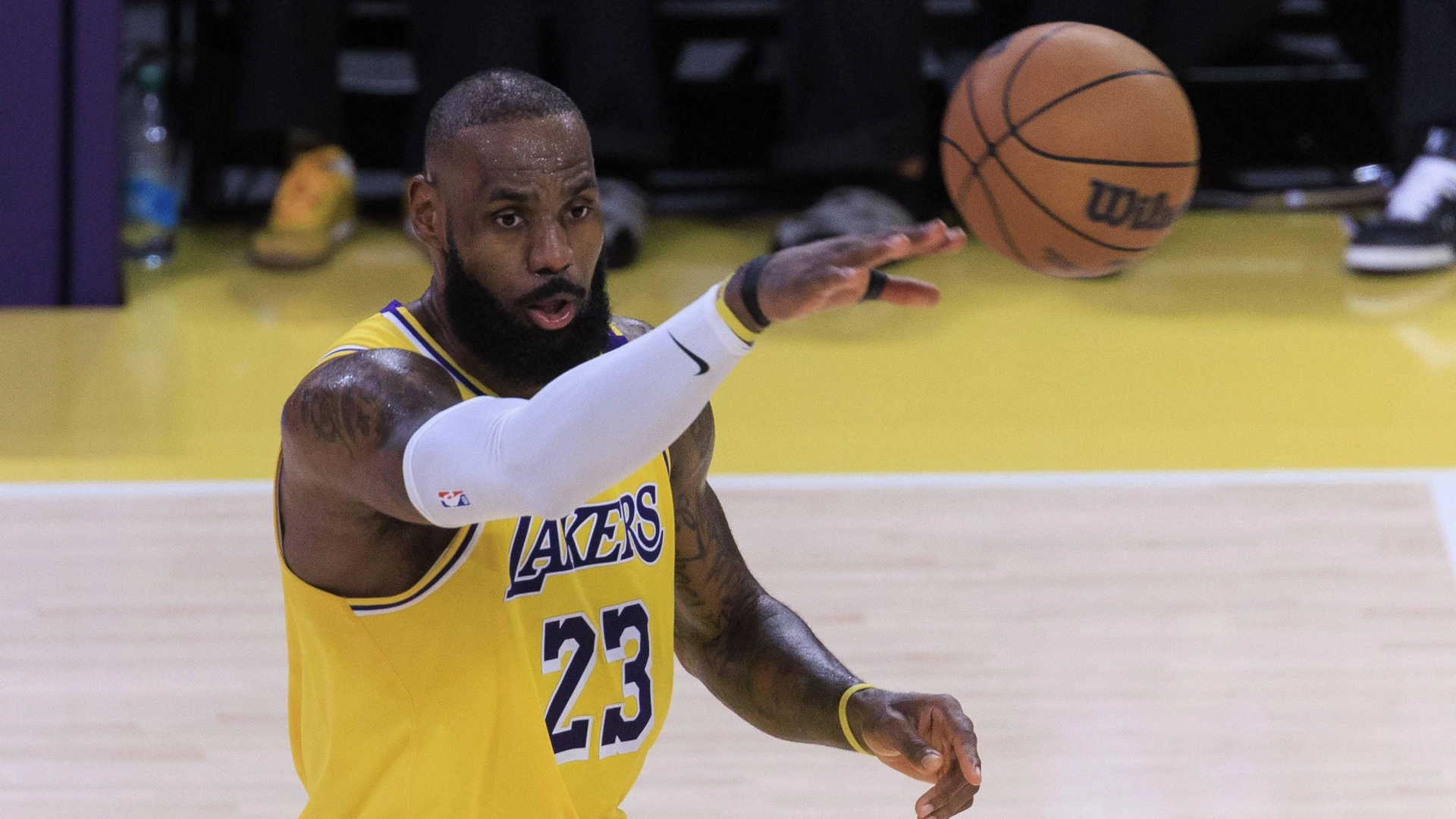 LeBron James 23 of the Los Angeles Lakers passes the ball during their regular season NBAgame against the Houston Rockets on Friday April 11, 2025