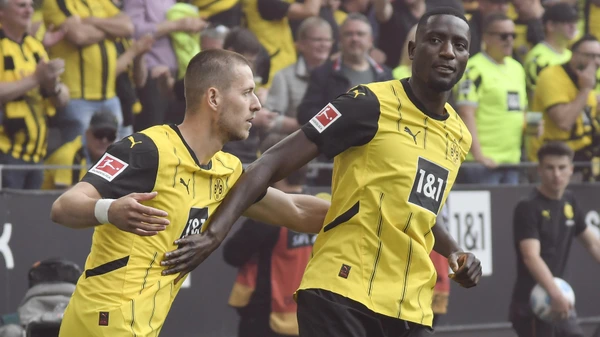 Serhou Guirassy Dortmund 9 celebrates after scoring 1 0 with Waldemar Anton Dortmund 3 17 05 2025 Soccer Borussia Dortmund vs Holstein Kiel, Signal Iduna Park, Dortmund,