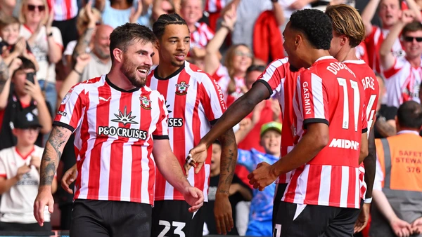 Ryan Manning 3 of Southampton celebrates scoring the third goal from the penalty spot during the EFL Sky Bet Championship match between Southampton and Stoke City at the St Mary s Stadium, Southampton, UK on 22 August 2026. 