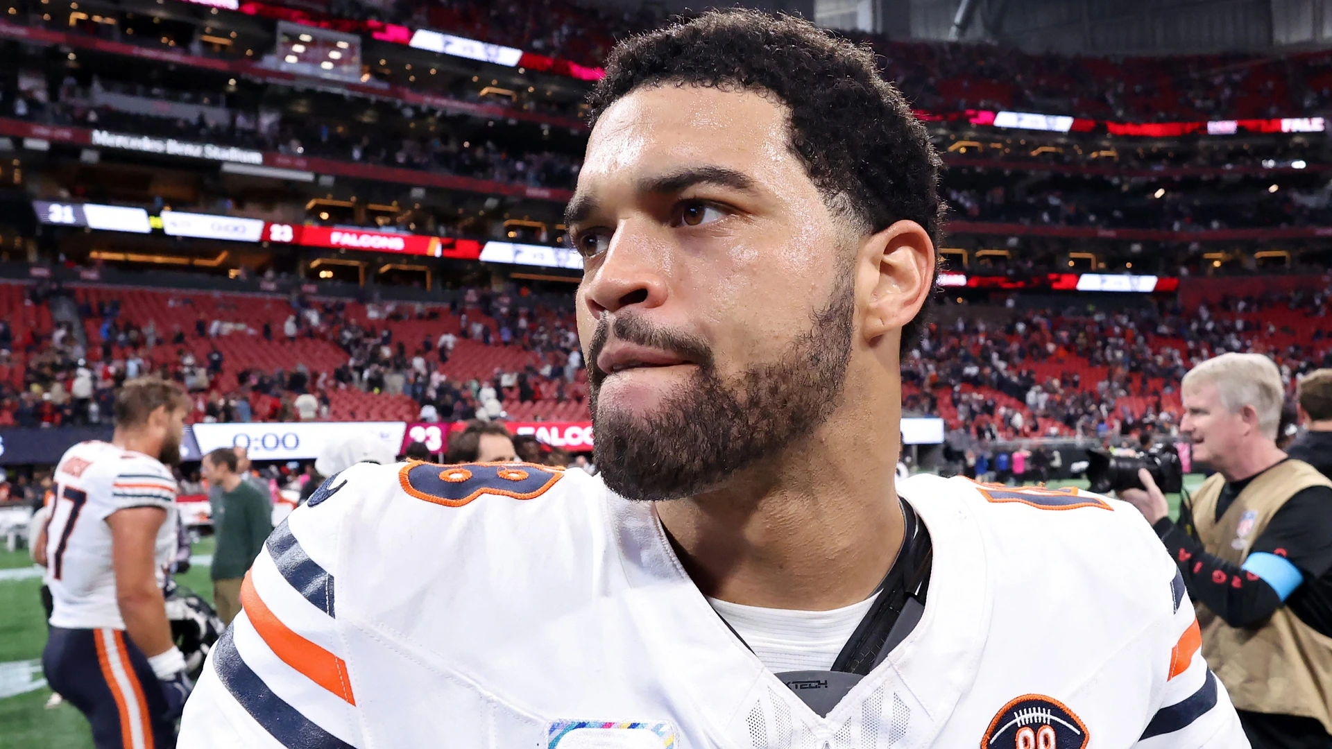 Caleb Williams #18 of the Chicago Bears looks on after defeating the Atlanta Falcons during in the game at Mercedes-Benz Stadium on October 18, 2026 in Atlanta, Georgia.