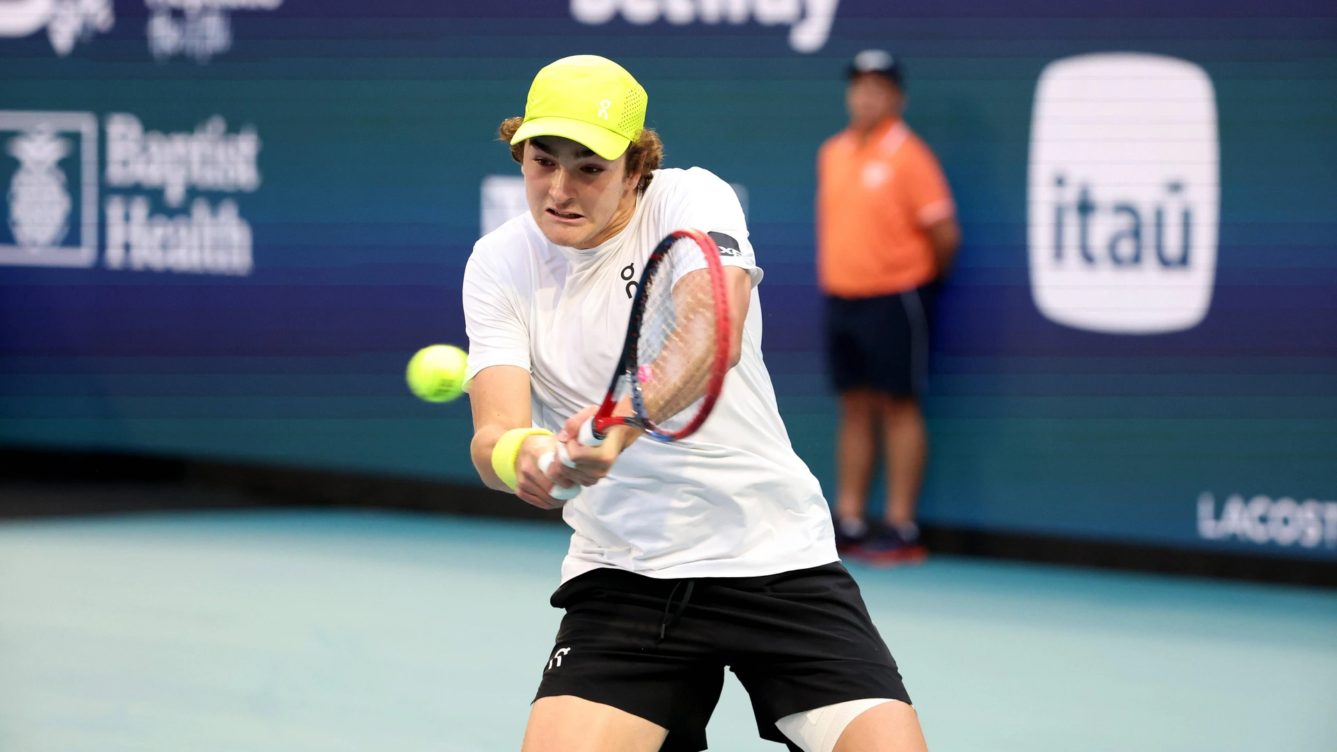 MIAMI GARDENS, FLORIDA - MARCH 20: Joao Fonseca of Brazil defeats Learner Tien of the United States during their match on Day 5 at Hard Rock Stadium on March 20, 2025 in Miami Gardens, Florida.