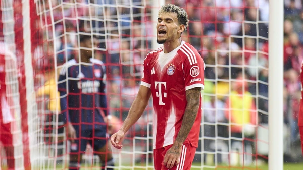 Luis Diaz of FC Bayern München reacts after a missed chance at the friendly match FC BAYERN MÜNCHEN - OLYMPIQUE LYON 2-1 on Aug 2, 2025 in Munich