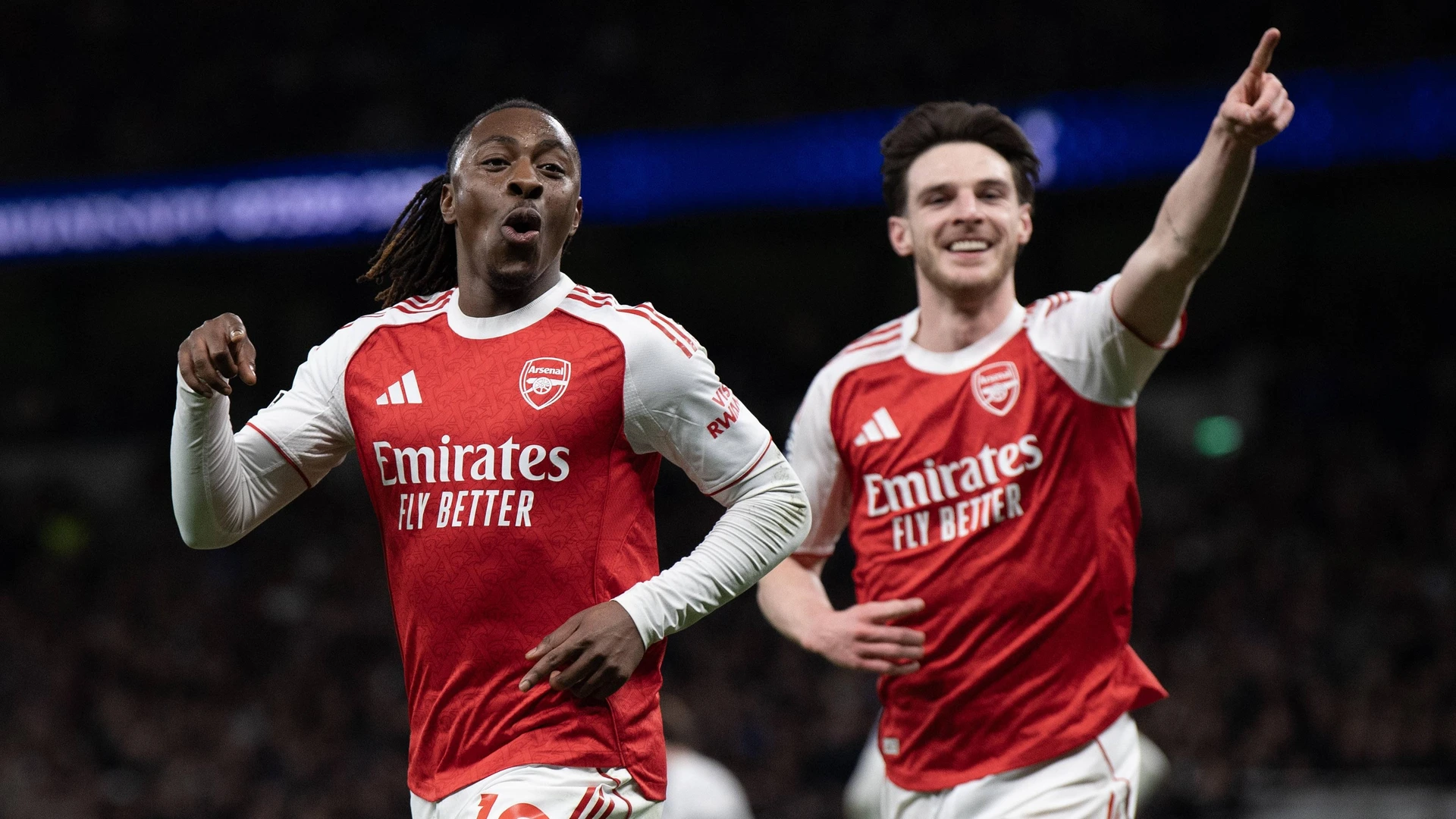 Eberechi Eze celebrates scoring Arsenal s third goal with Declan Rice right during the Premier League match between Tottenham Hotspur and Arsenal at Tottenham Hotspur Stadium on February 22, 2026 in London, England.