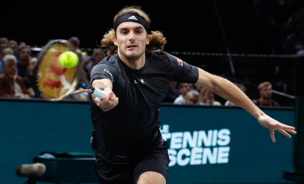 Stefanos Tsitsipas of Greece competes during the singles semifinal match against Novak Djokovic of Serbia at the Rolex Paris Masters tennis tournament in Paris, France, Nov. 5, 2022.