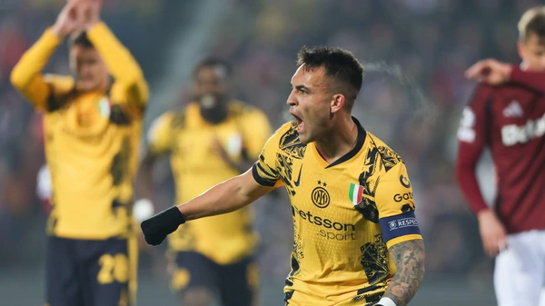 EFA Champions League match between Sparta Prague and Inter in Prague, Czech Republic - 22 Jan 2025 Lautaro Martinez of Inter celebrates after scoring a goal during the UEFA Champions League match between Sparta Prague and Inter at Epet Arena.