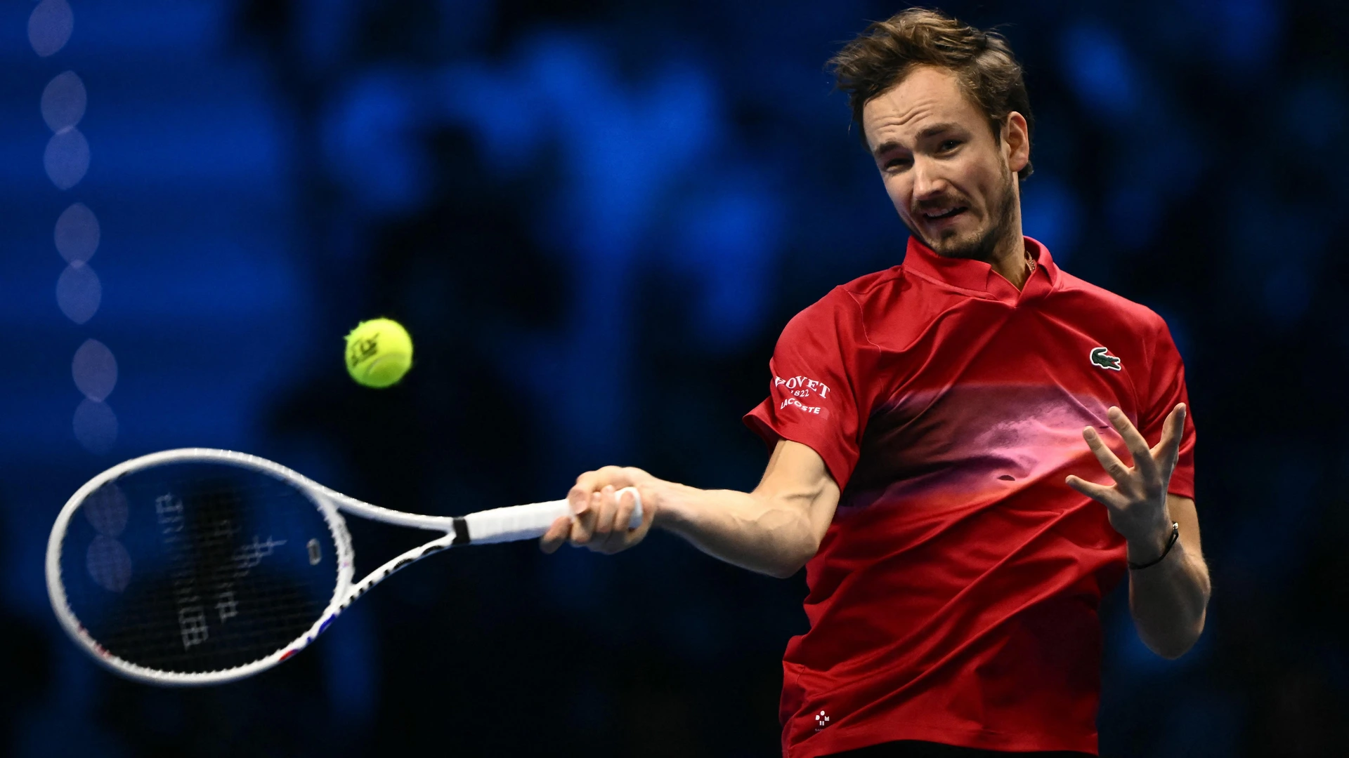 Russia's Daniil Medvedev returns to USA's Taylor Fritz at the ATP Finals tennis tournament in Turin on November 10, 2024.