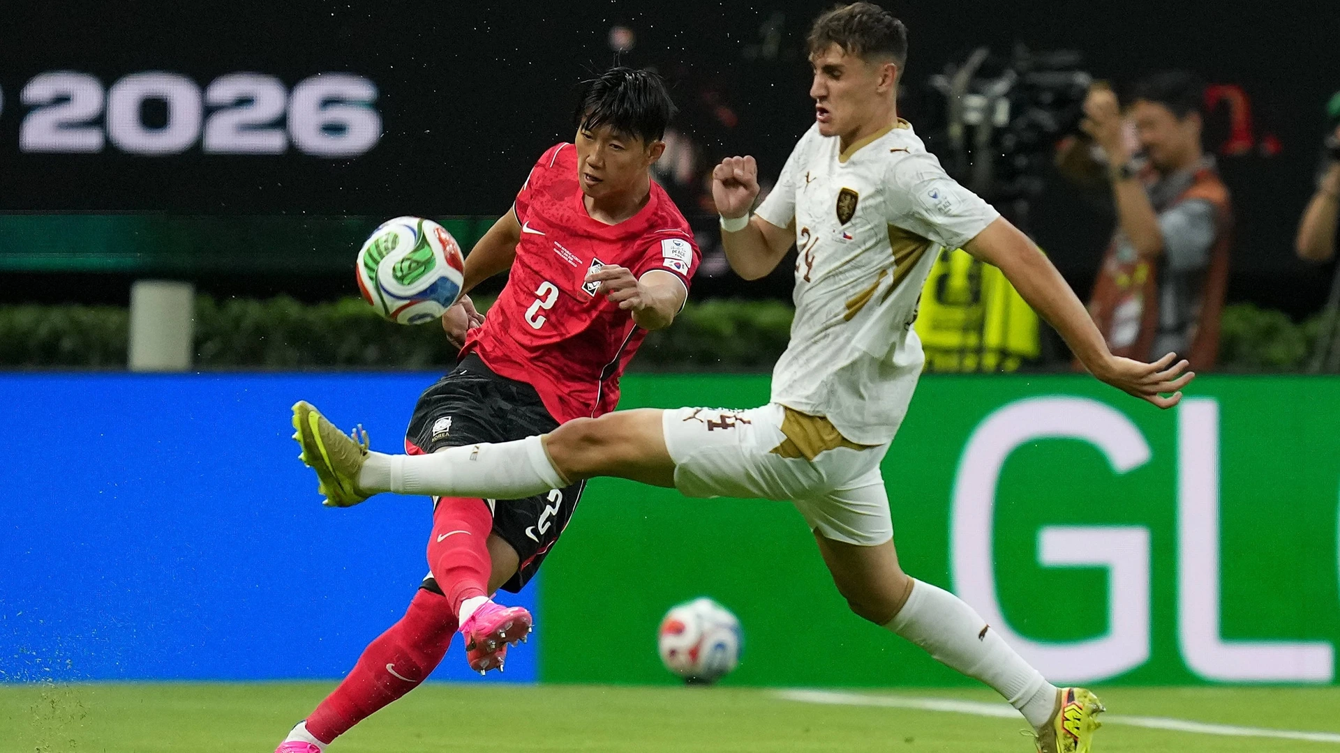 Lee Han-beom L of South Korea vies with Alexandr Sojka of the Czech Republic during the match between South Korea and the Czech Republic at the 2026 FIFA World Cup, June 11, 2026.