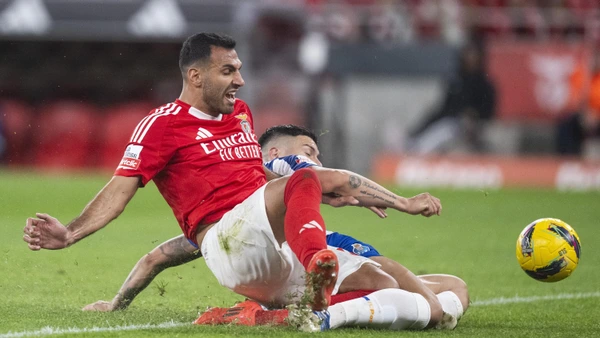 Benfica's Greek forward #14 Vangelis Pavlidis (L) vies with Porto’s Argentine defender #24 Nehuen Peres during the Portuguese League football match between SL Benfica and FC Porto at at the Luz stadium in Lisbon, on November 10, 2024.