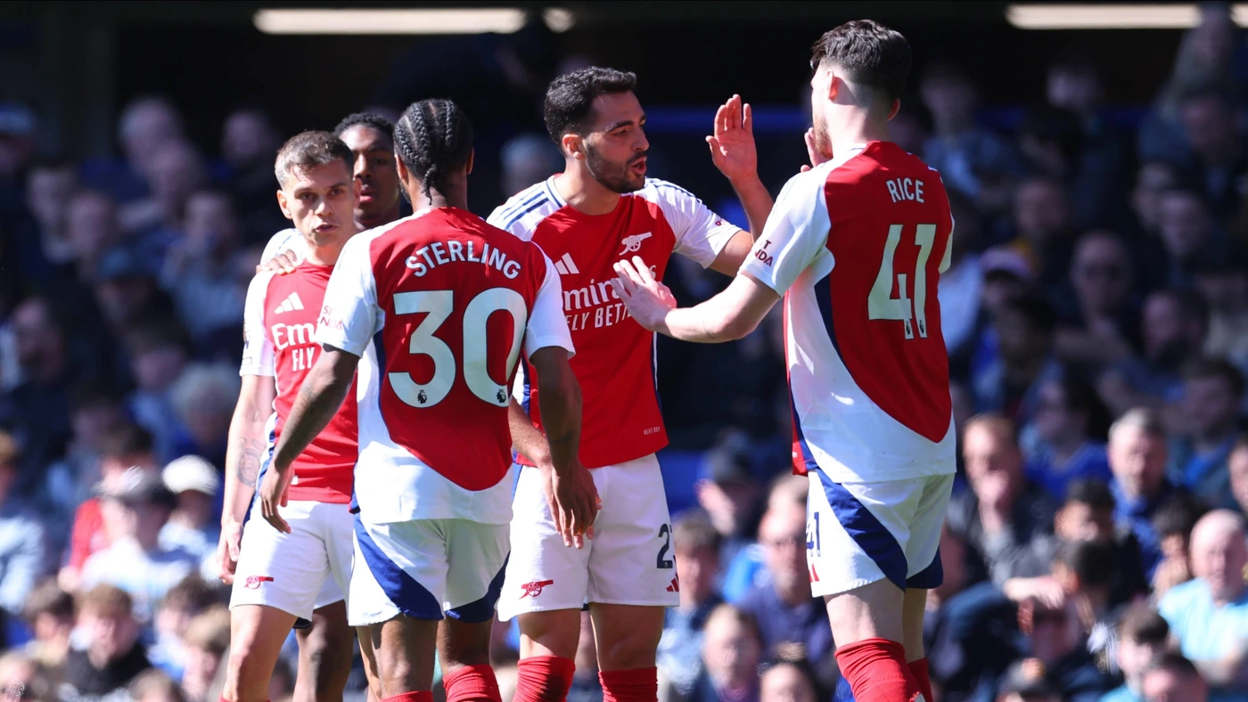 Leandro Trossard, Raheem Sterling Mikel Merino and Declan Rice of Arsenal celebrate 1st goal during the Premier League match between Everton FC and Arsenal FC at Goodison Park on April 5, 2025 in Liverpool, England.