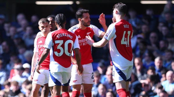Leandro Trossard, Raheem Sterling Mikel Merino and Declan Rice of Arsenal celebrate 1st goal during the Premier League match between Everton FC and Arsenal FC at Goodison Park on April 5, 2025 in Liverpool, England.