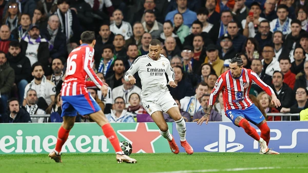 L-R Kylian Mbappe Real, Jose Maria Gimenez Atletico, MARCH 4, 2025 UEFA Champions League Round of 16 1st leg match between Real Madrid CF 2-1 Club Atletico de Madrid at the Estadio Santiago Bernabeu in Madrid, Spain.