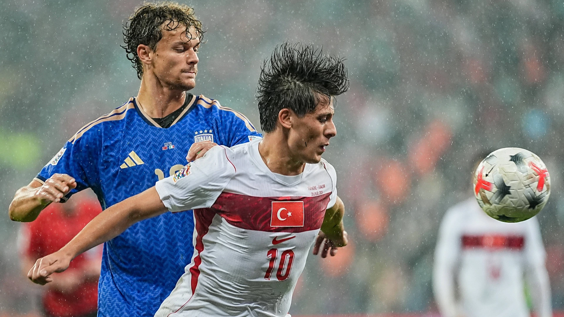 Arda Guler of Turkiye in action against Giorgio Scalvini 19 of Italy during the UEFA Nations League A match on September 28, 2026