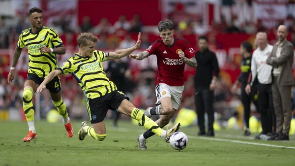 May 2th 2024: Alejandro Garnacho of Man Utd and Martin odegaard of Arsenal in action during the Premier League football match between Manchester United