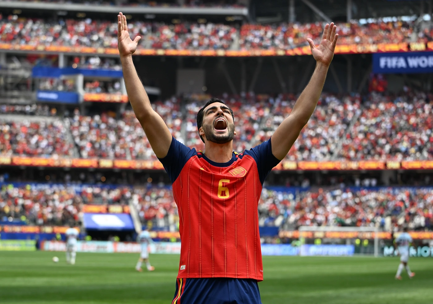 260711 -- LOS ANGELES, July 11, 2026 -- Mikel Merino of Spain celebrates scoring during the quarter final match between Spain and Belgium at the 2026 FIFA World Cup, WM, Weltmeisterschaft, Fussball...