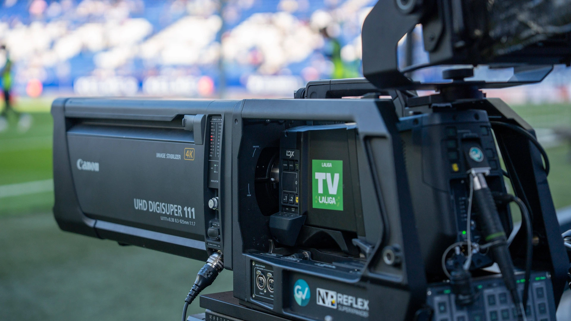 TV camera with the logo of La Liga during La Liga EA Sports match between RCD Espanyol and Getafe CF at RCDE Stadium on march 21, 2026 in Barcelona, Spain 