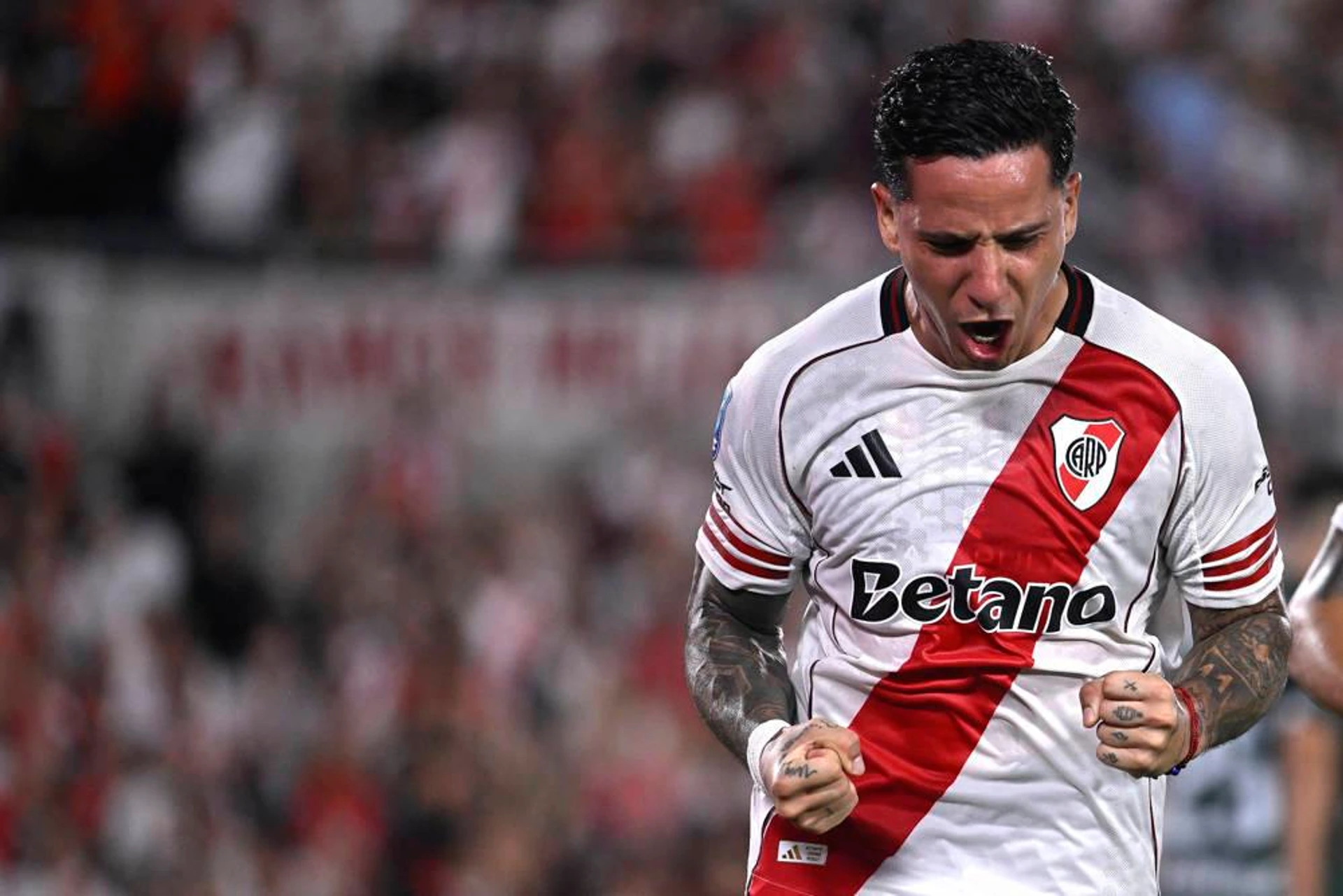 Sebastian Driussi of River Plate, celebrate the first goal, during the match between River Plate and Sarmiento de Junin for the 2026 Torneo Apertura. The match took place at the Mas Monumental Stadium. in Buenos Aires, Argentina, on March 15 2026. (Photo by Diego Haliasz Imago) Buenos Aires Argentina Copyright: xDiegoxHaliaszx
