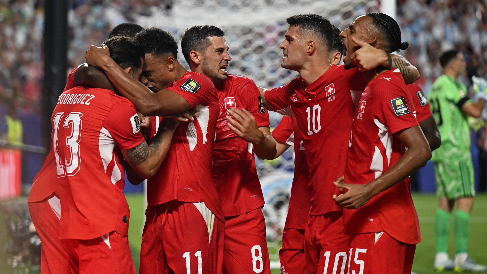 Dan Ndoye 2nd L of Switzerland celebrates with teammates after scoring during the quarter final match between Argentina and Switzerland at the 2026 FIFA World Cup, WM, Weltmeisterschaft, Fussball at the Kansas City Stadium in Kansas City, the United States, July 11, 2026. 