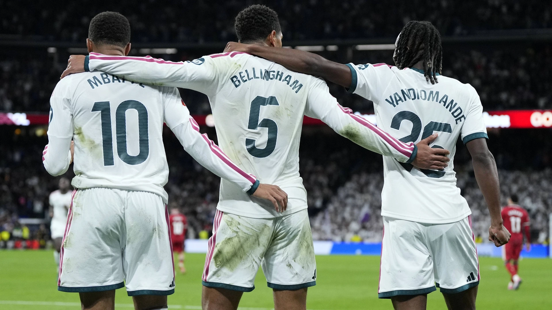 Kylian Mbappe, Jude Bellingham and Yan Diomande of Real Madrid CF during the La Liga EA Sports match between Real Madrid CF and Sevilla FC played at Santiago Bernabeu Stadium on 18 Oct 2026