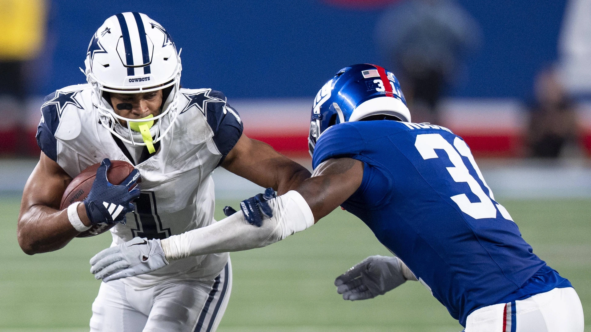 NFL, American Football USA 2024: Dallas Cowboys wide receiver Jalen Tolbert 1 in action against New York Giants safety Tyler Nubin 31 during the NFL football game, Thursday, Sept. 26, 2024, in East Rutherford. The Cowboys won 20-15.