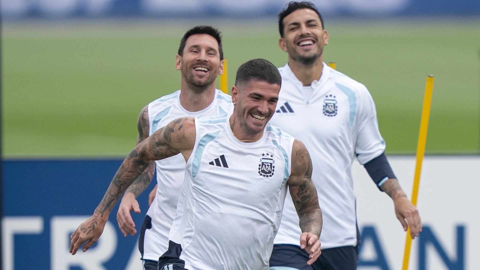 Rodrigo De Paul Argentina, No. 7 is being chased by Lionel Messi Argentina, No. 10 during the Argentina training session for the 2026 FIFA World Cup on July 18, 2026