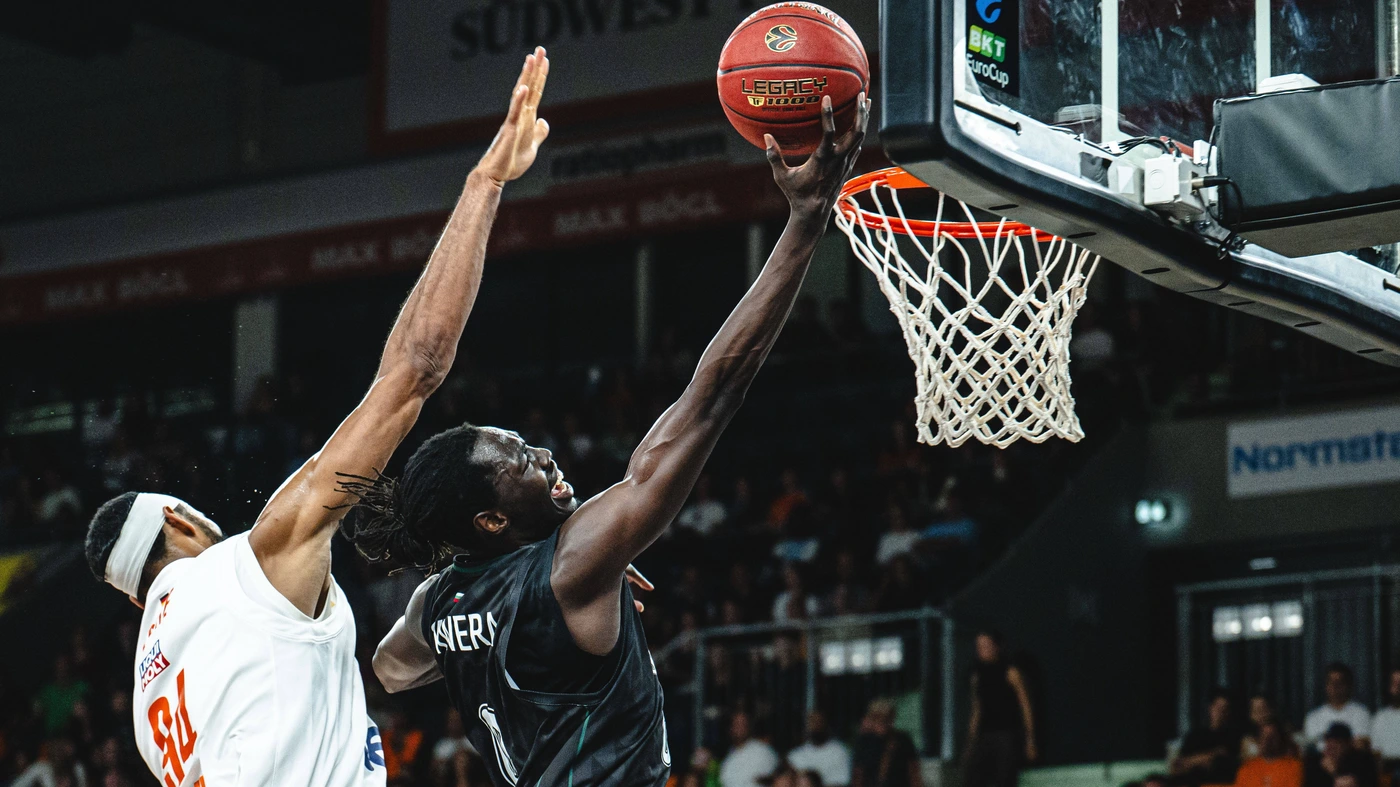 Armel Traore of ratiopharm ulm and Wena David Okwera of Balkan Botevgrad battle for the ball during the BKT EuroCup 20262027 game between ratiopharm ulm and Balkan Botevgrad at ratiopharm Arena on September 30, 2026