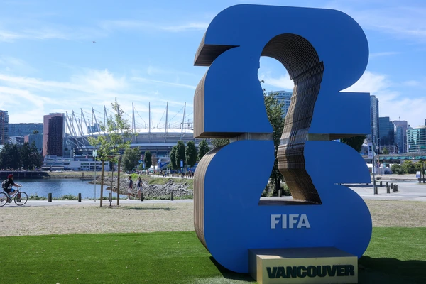 2026 FIFA World Cup, WM, Weltmeisterschaft, Fussball Vancouver City A general view of The FIFA World Cup 2026 logo installation around the BC Place area in Vancouver, British Columbia, Canada, on J...
