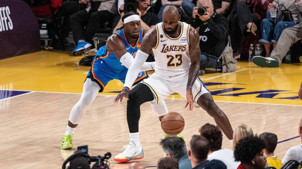 Lebron James 23 of the Los Angeles Lakers in action against Luguentz Dort 5 of Oklahoma City Thunder during NBA Conference Semifinals Game 3 between Los Angeles Lakers and Oklahoma City Thunder at Oklahoma City Thunder, May 9, 2026.